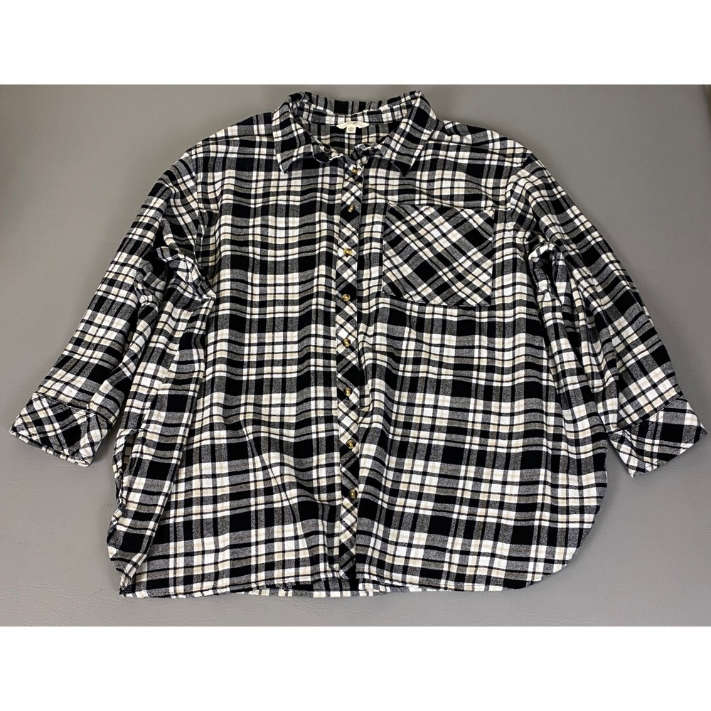 Terra & Sky Flannel Shirt Womens Plus Size 3X Black White Plaid Button Front